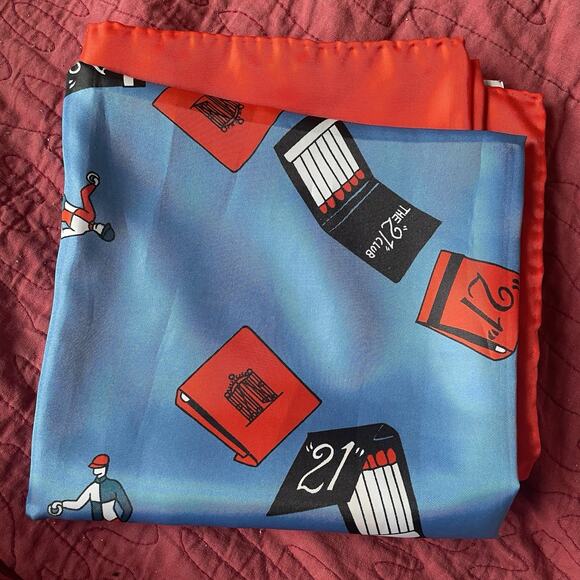 Vintage The 21 Club Scarf Red Blue 100% Silk Made In Japan Jockeys Matchbooks - Picture 16 of 16